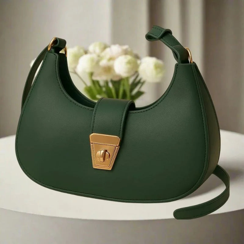 Deep Green Crescent Leather Shoulder Bag for Women | Luxury Handbag