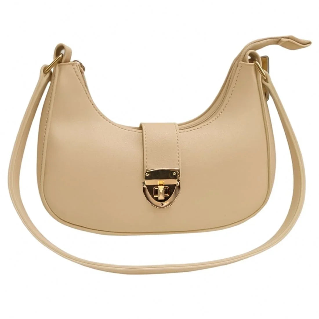 Beige Crescent Leather Shoulder Bag for Women | Luxury Handbag