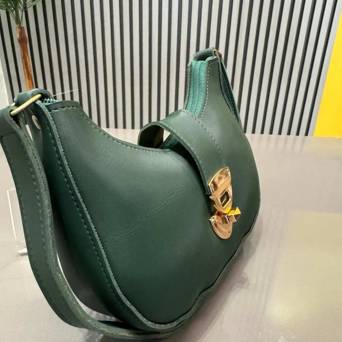 Deep Green Crescent Leather Shoulder Bag for Women | Luxury Handbag