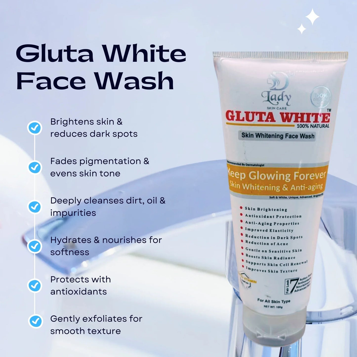 Gluta White Skin Whitening Face Wash | 7-in-1 Brightening Cleanser