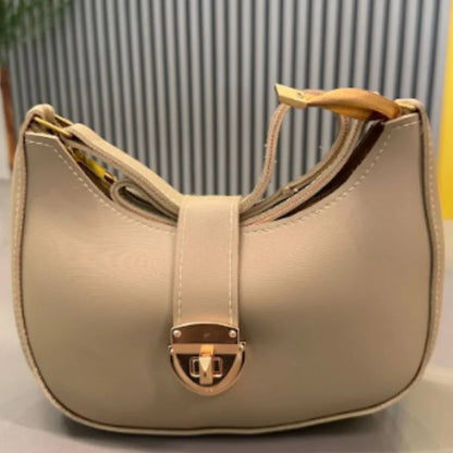 Beige Crescent Leather Shoulder Bag for Women | Luxury Handbag