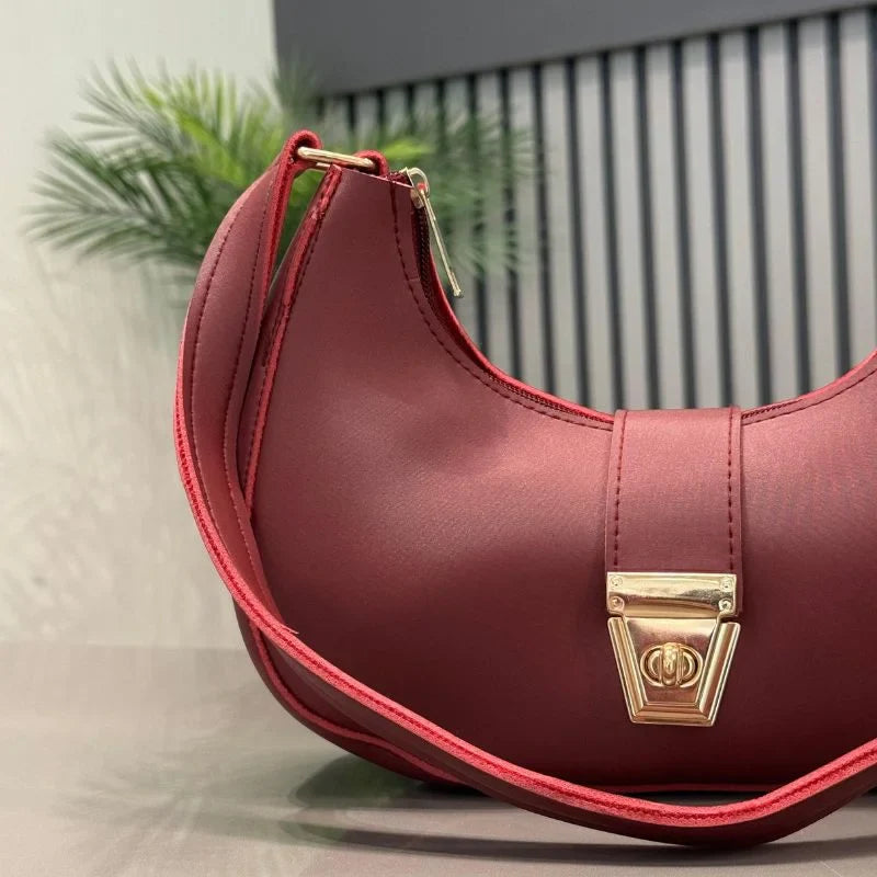Maroon Crescent Luxury Faux Leather Shoulder Bag for Women