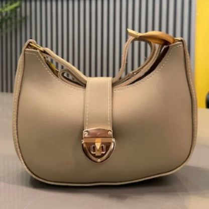 Beige Crescent Leather Shoulder Bag for Women | Luxury Handbag