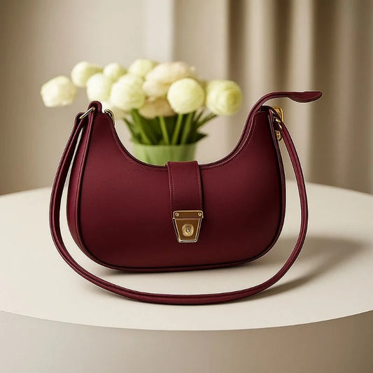 Maroon Crescent Luxury Faux Leather Shoulder Bag for Women