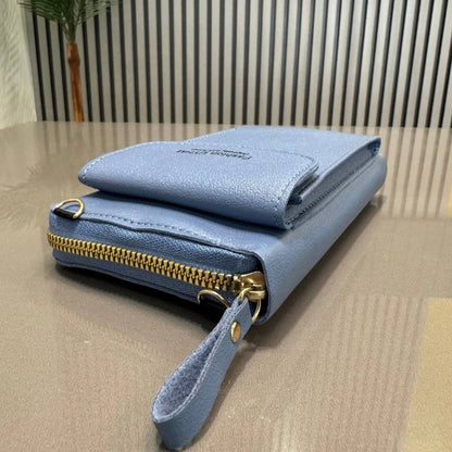 Light Blue Soft Leather Crossbody Bag for Women | Mobile Purse & Wallet